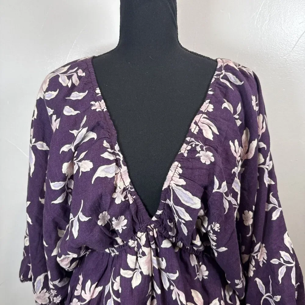 Free People Portia Printed Mini Dress Womens Small Purple Floral Linen Blend NWT